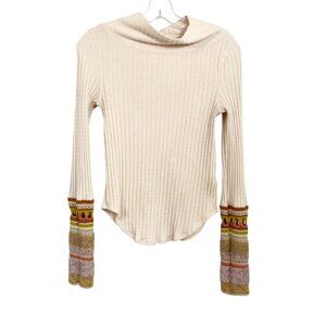 Free People Mixed Up Sweater Cuff Cowl Neck Ribbed Thermal Top Boho Size Small